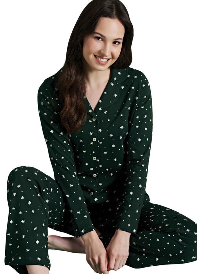 Yılbaşı Kar Tanesi Desenli Tam Düğmeli Yeşil Uzun Kol Kadın Pijama
