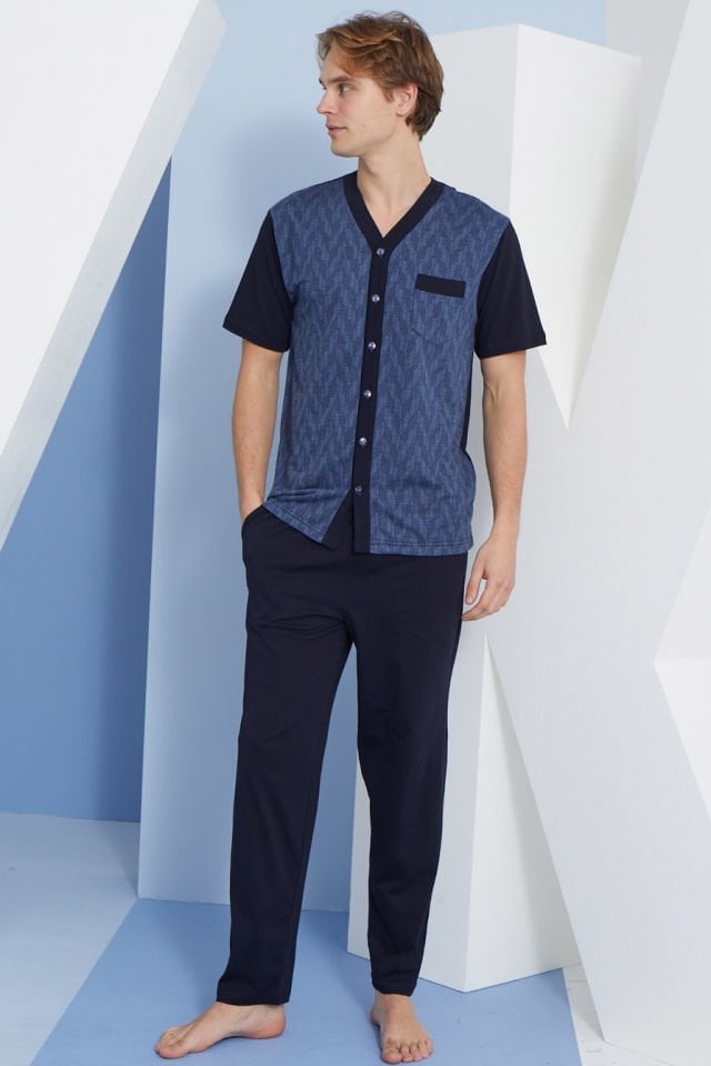 KLY V Yaka Yazlık Önden Tam Düğmeli Kısa Kol Erkek Pijama