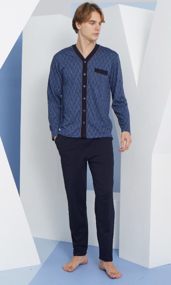 KLY Battal Büyük Beden Önden Tam Düğmeli Uzun Kol Erkek Pijama