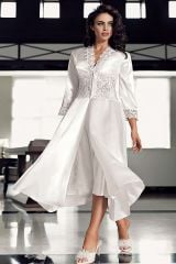 Perin 8070 Saten Dantel Güpür Sabahlıklı 6 Lı Gelin Çeyiz Set Takım Ekru M