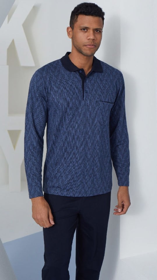Kly Polo Yaka 4 Mevsim Erkek Uzun Kol Mavi Erkek Pijama