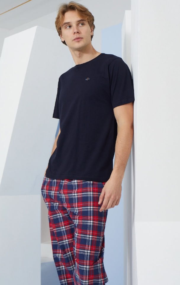 Kly 0 Yaka Poplin Kareli Pantolonlu Kısa Kol Erkek Pijama