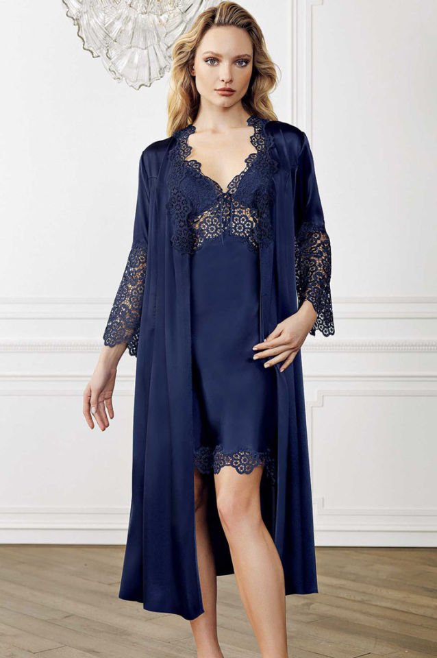 Perin 4008 Saten Dantel 2 Li Gecelik Sabahlık Takım