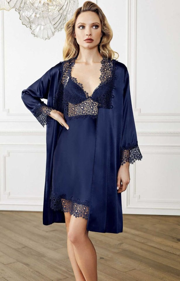 Perin 4009 Saten Dantel 2 Li Gecelik Sabahlık Takım