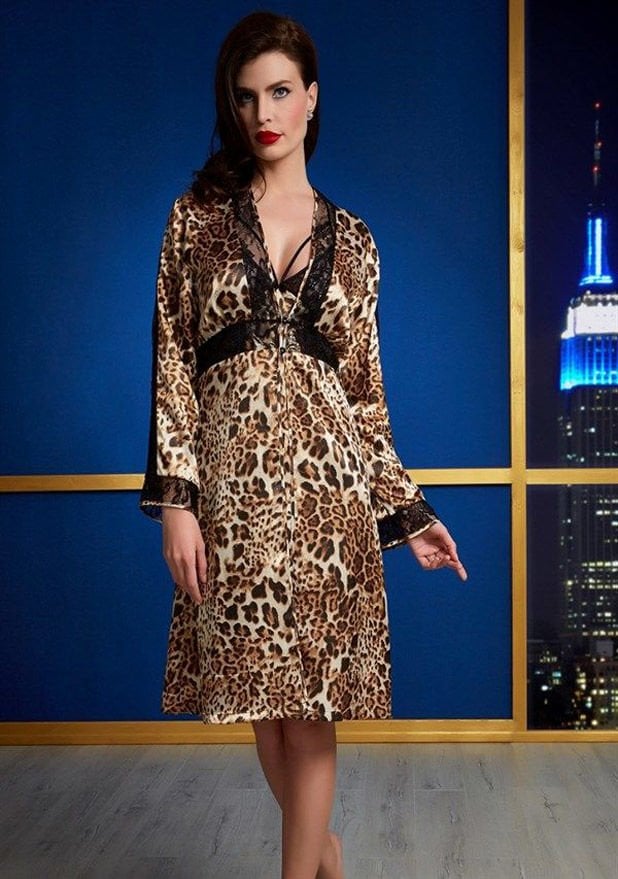 Versace 2131 Leopar Desen Saten 2 Li Gecelik Sabahlık Takım