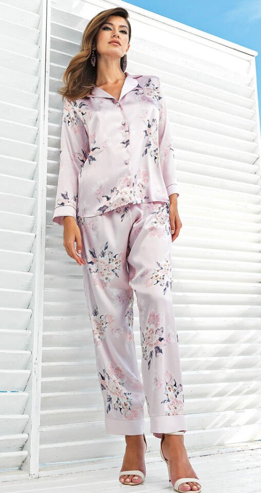 Perin 5501 Pudra Bahar Çiçek Desenli Kadın Saten Pijama Takım