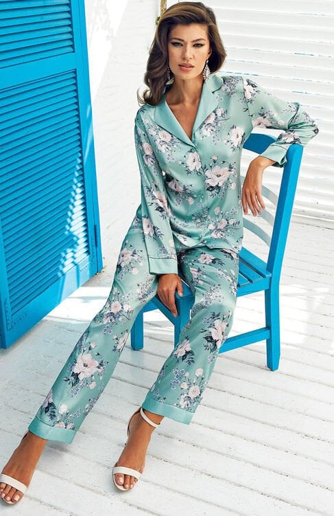 Perin 5401 Mint Yeşili Bahar Çiçek Desenli Kadın Saten Pijama Takım