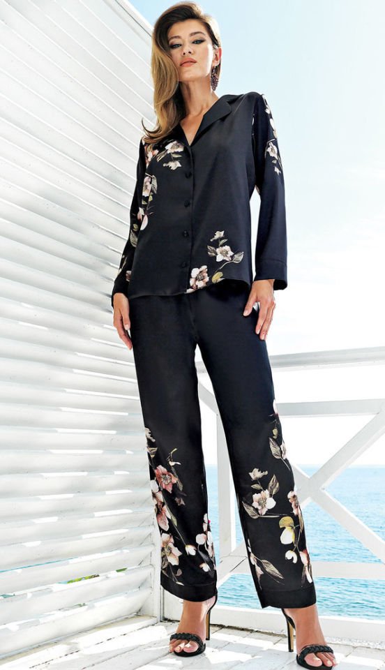 Perin 5301 Siyah Bahar Çiçek Desenli Kadın Saten Pijama Takım