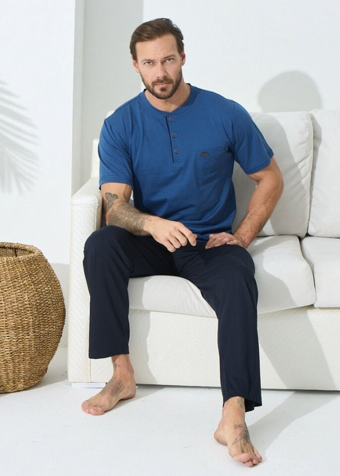 Kly 9123 Battal Büyük Beden Kısa Kol Pamuk Penye Erkek Pijaması