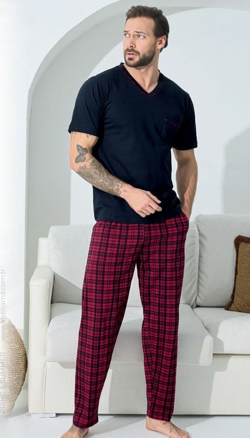 Kly 9508 V Yaka %100 Pamuk Penye Kısa Kol Erkek Pijama