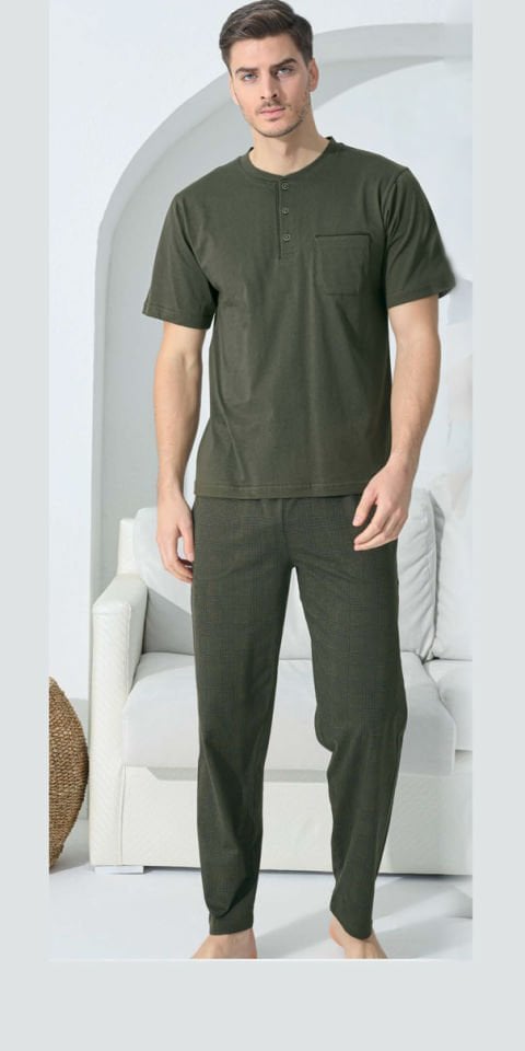 Kly 9507 Midi Yaka Kısa Kol Penye Pamuk Erkek Pijama
