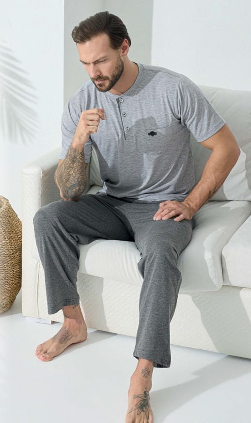 Kly 9514 Midi Yaka Kısa Kol Penye Pamuk Erkek Pijama