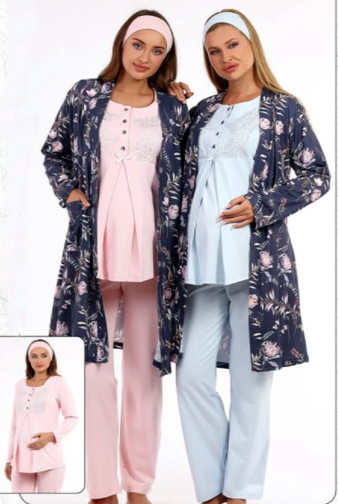 Haluk Bayram Uzun Kol Lohusa Çiçek Desen Sabahlık Pijama Takım