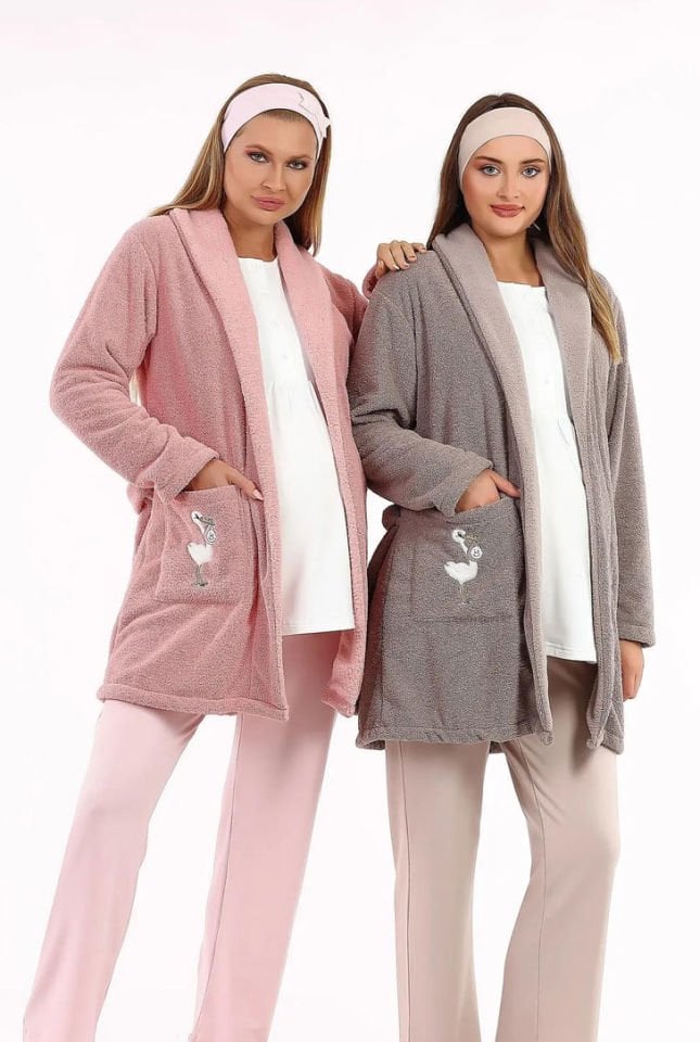 Haluk Bayram Wellsoft Sabahlık Penye Lohusa 3'Lü Pijama Takım