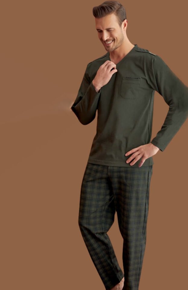 Kly 9119 Battal Büyük Beden V Yaka Uzun Kol Erkek Pijama