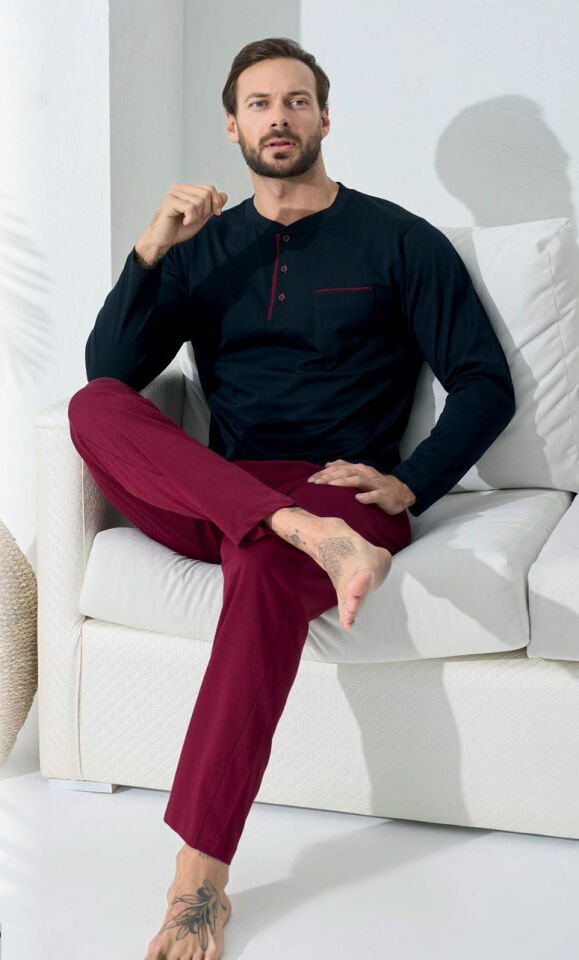 Kly 9221 MiDİ Yaka 4 Mevsim Pamuk Penye Uzun Kol Erkek Pijama