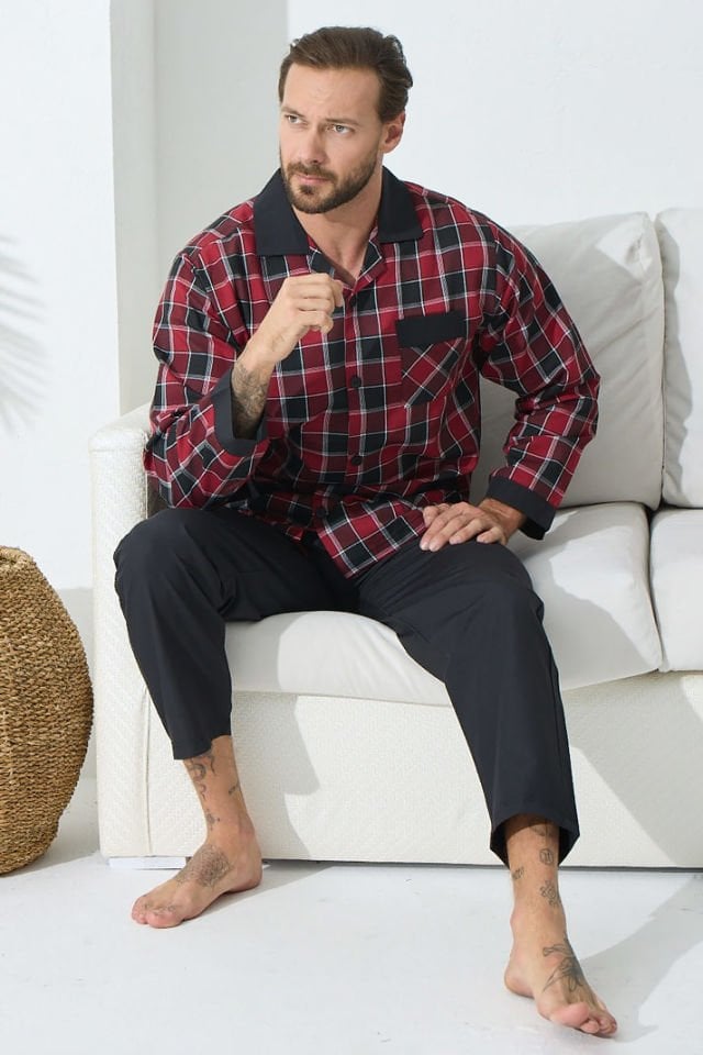 Kly 4017  Kareli Dokuma Poplin Kumaş Yakalı Boydan Düğmeli Erkek Uzun Kol Pijama