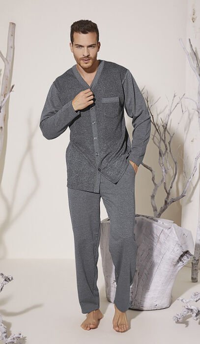 Kly 8029 Yakasız Boydan Düğmeli Pamuk Erkek Uzun Kol Pijama