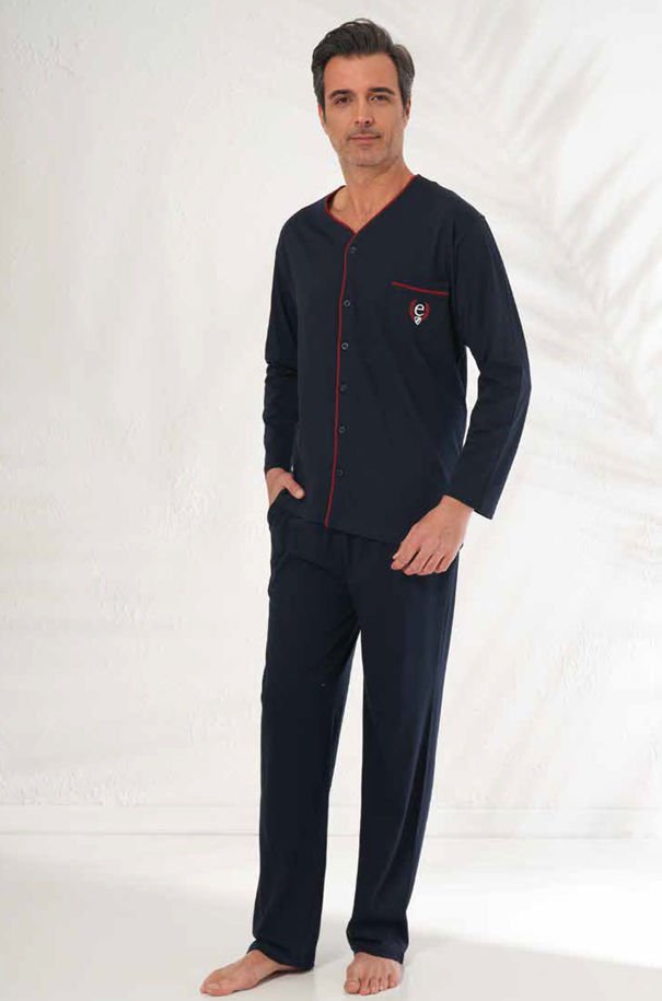 Estiva  Yakasız Boydan Düğmeli Pamuk Erkek Uzun Kol Pijama