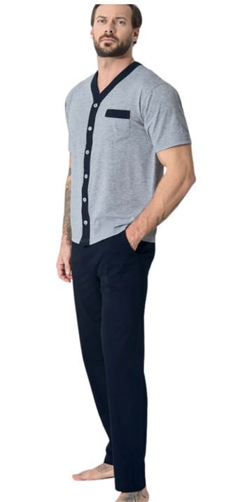 Kly 9510 Boydan Tam Düğmeli Erkek Kısa Kol Pamuk Pijama