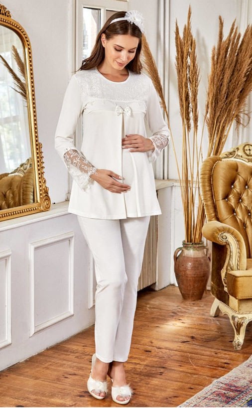 Dantel Uzun Kol Ekru Şık Lohusa Pijama Takım