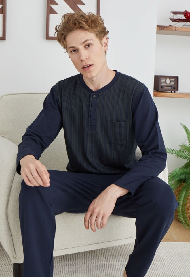 Midi 3 Düğme Şık Kışlık Uzun Kol Erkek Kly Pijama