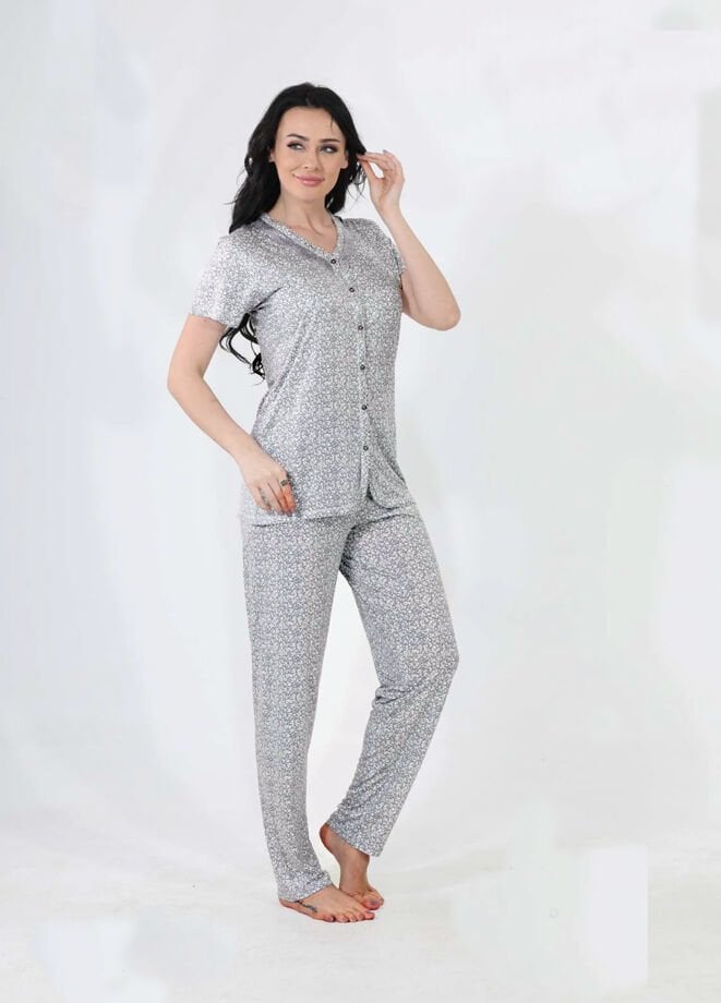 Etoile 73014 Gri Boydan Düğmeli Kısa Kol Kadın Pijama