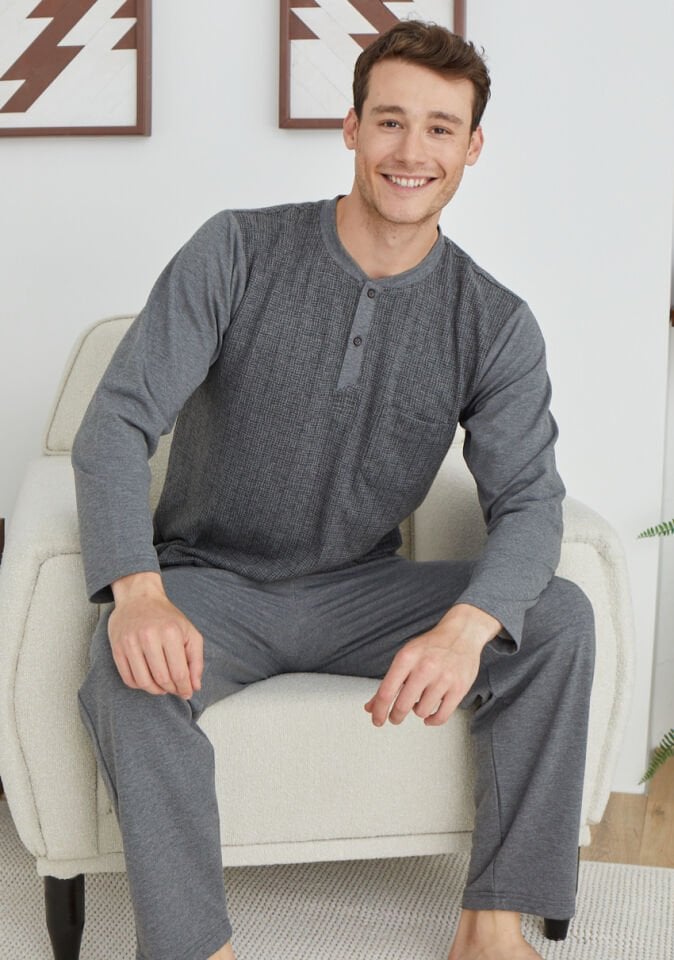 Desenli Midi Yaka Erkek Kışlık Kalın Pijama